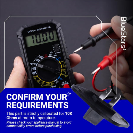 134587700 Dryer Control Thermistor tested with a digital multimeter; graphic states 10K ohms at room temperature
