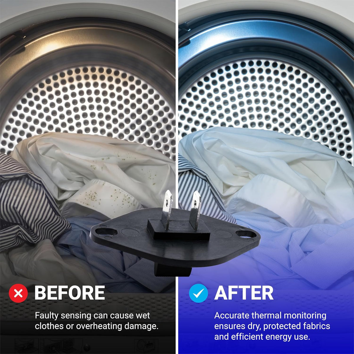 134587700 Dryer Control Thermistor shown with a before-and-after dryer drum comparison and laundry