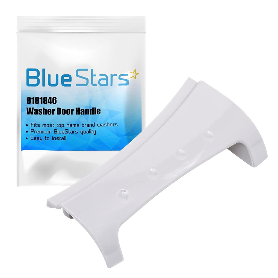 White 8181846 replacement washer door handle for Whirlpool Duet with BlueStars branded packaging.