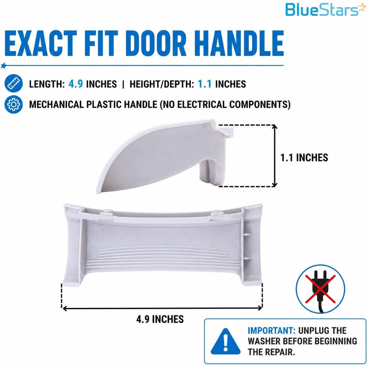 8181846 Washer Door Handle shown in front and side views with 4.9-inch length and 1.1-inch height/depth