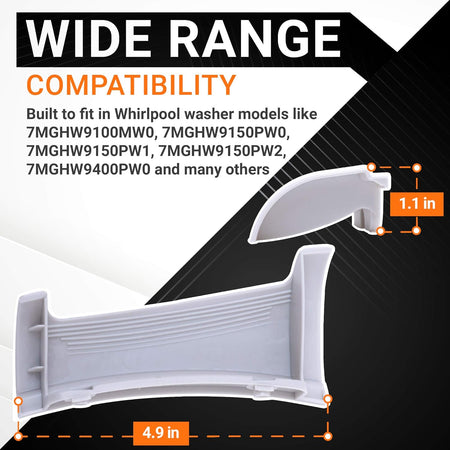 Dimensional diagram of 8181846 washer door handle for Whirlpool Duet showing 4.9 inch width and 1.1 inch height.