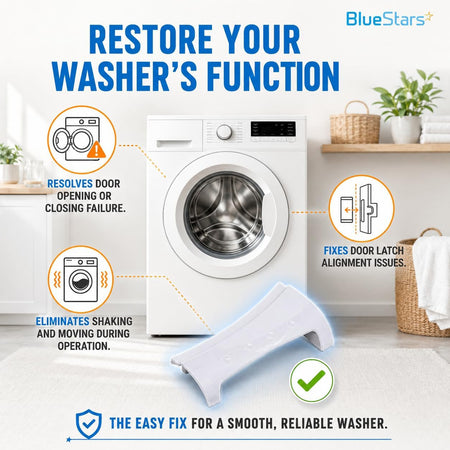 8181846 Washer Door Handle marketing graphic showing the white handle beside a front-loading washer