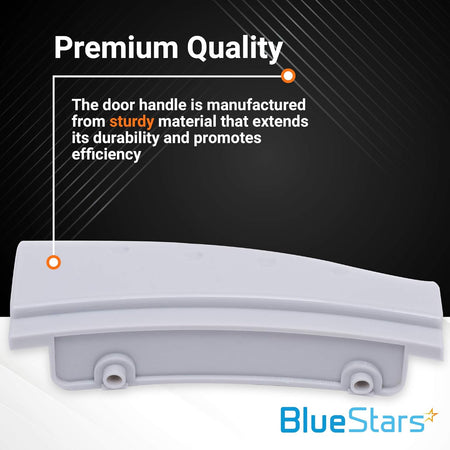 8181846 replacement washer door handle for Whirlpool Duet, shown with premium quality durability infographic.