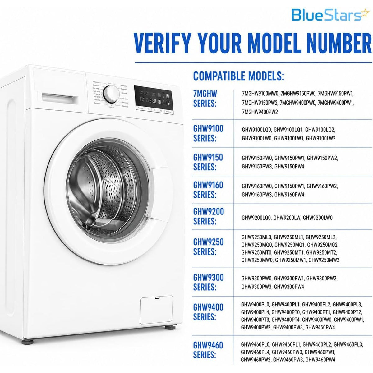8181846 Washer Door Handle, washer model verification chart listing compatible Whirlpool Duet series