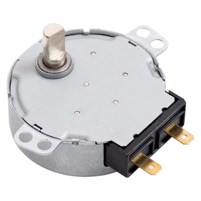 WB26X10038 microwave turntable motor replacement with metal housing and two-pin electrical connector.