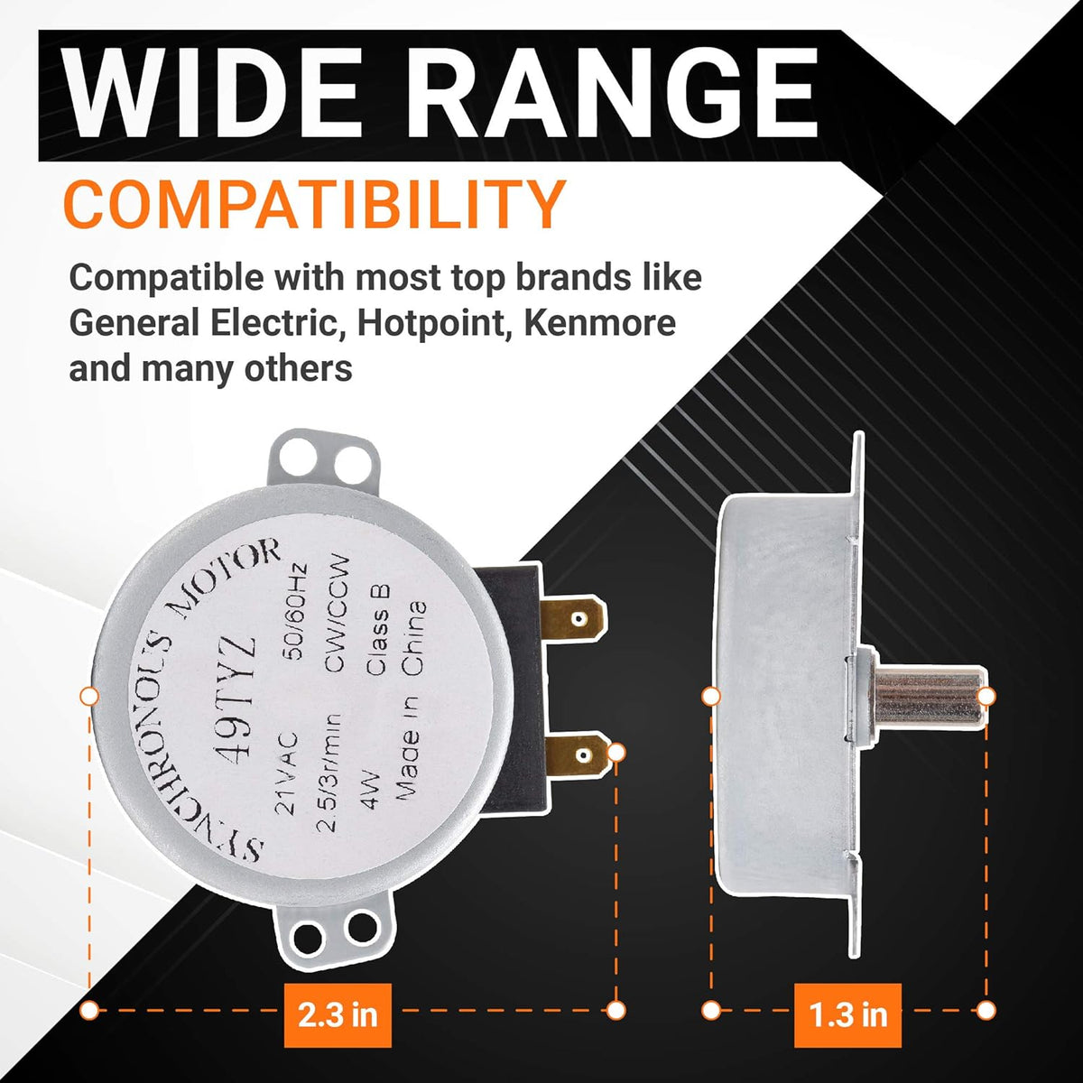 WB26X10038 microwave turntable motor showing dimensions and compatibility information.