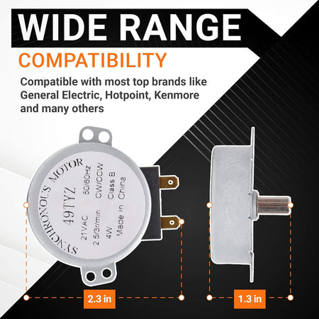 WB26X10038 microwave turntable motor showing dimensions and compatibility information.