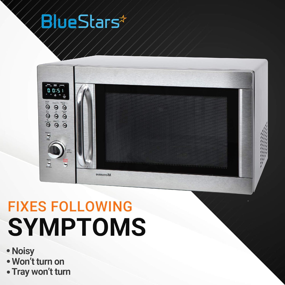 Stainless steel microwave showing common repair symptoms like noisy operation or a non-rotating turntable.