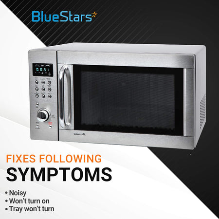 Stainless steel microwave showing common repair symptoms like noisy operation or a non-rotating turntable.