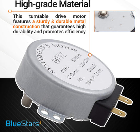 WB26X10038 microwave turntable motor showing metal construction and technical specifications label.