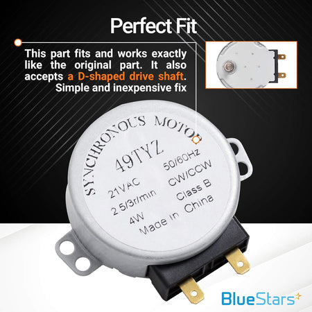 Close-up of WB26X10038 microwave turntable motor showing 49TYZ synchronous motor specifications and D-shaped drive shaft.