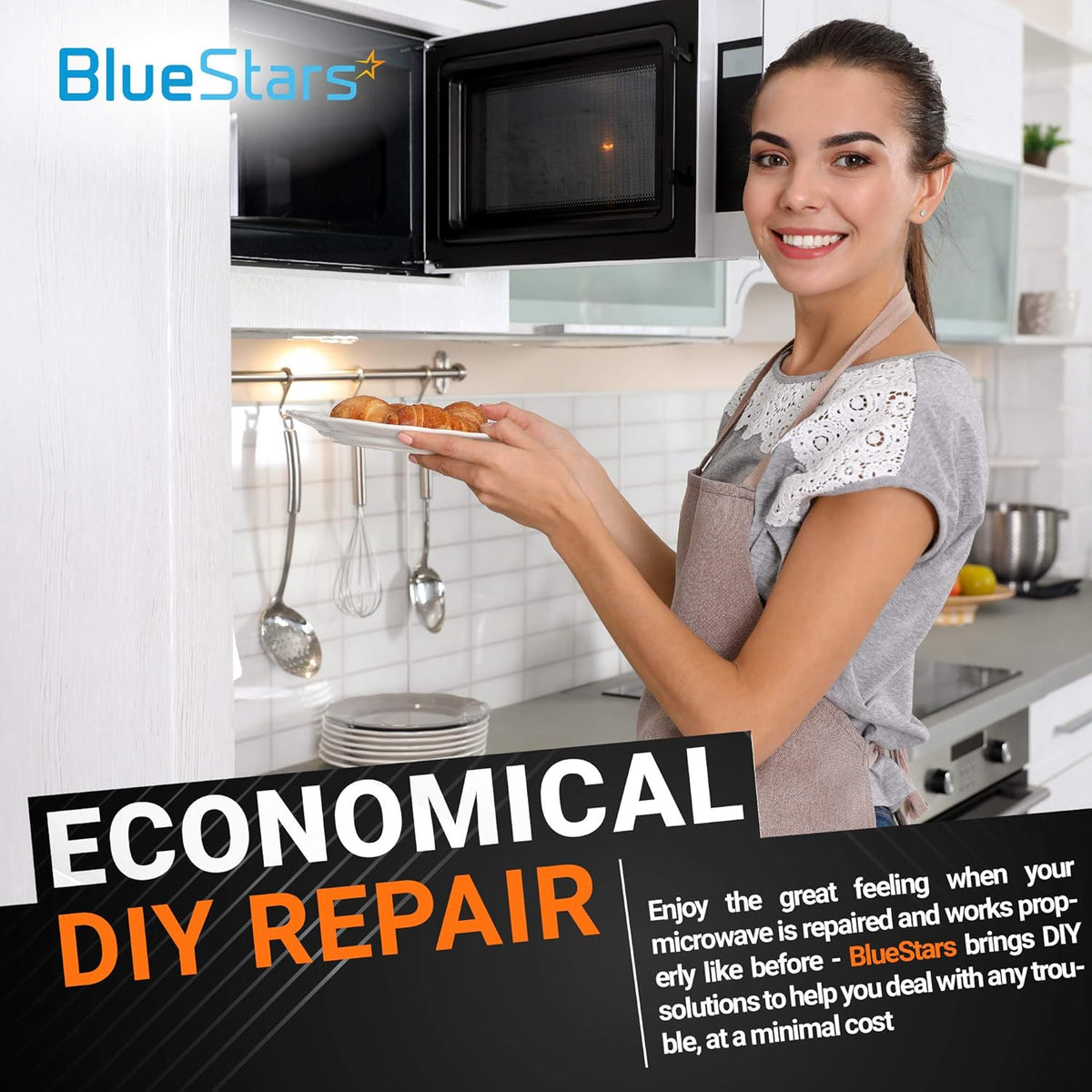 Woman in a kitchen holding a plate of food in front of a microwave, promoting BlueStars DIY microwave repair solutions.