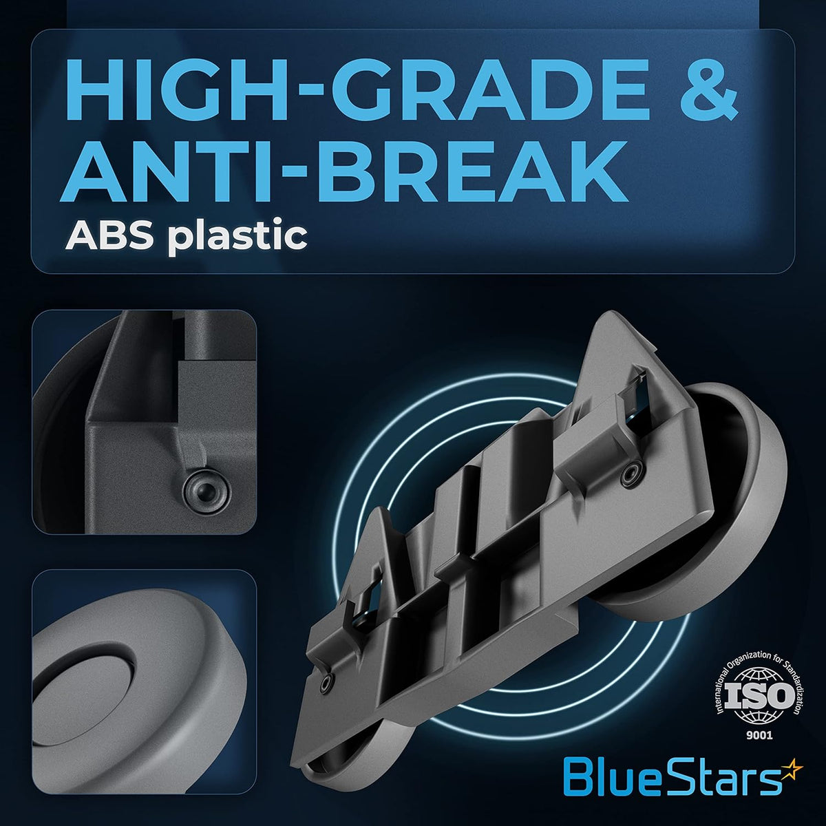 Infographic showing high-grade ABS plastic construction of W10195416 dishwasher lower rack wheel assembly.
