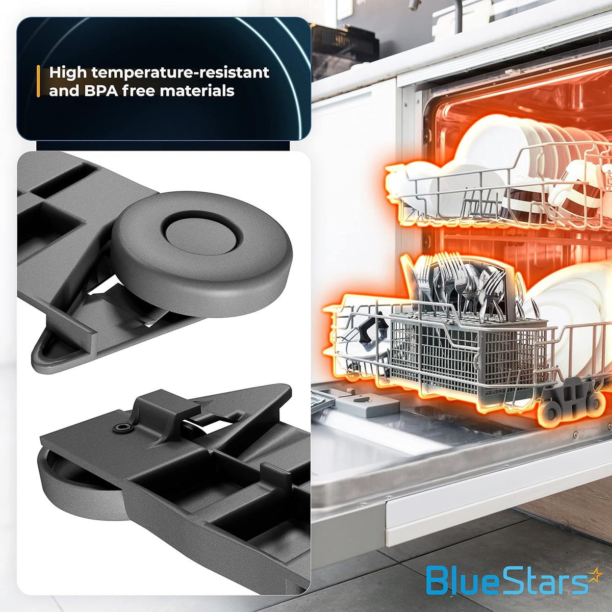 Close-up of W10195416 dishwasher lower rack wheel assembly showing heat-resistant material installed on a dishwasher rack.