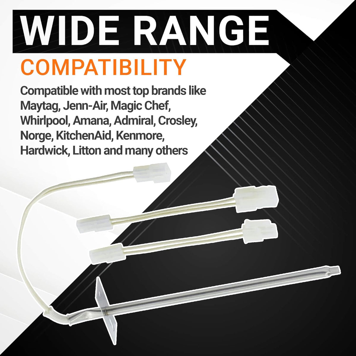 Oven temperature sensor replacement part with compatibility information graphic for Whirlpool and Kenmore ovens.