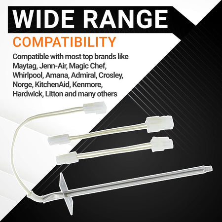 Oven temperature sensor replacement part with compatibility information graphic for Whirlpool and Kenmore ovens.