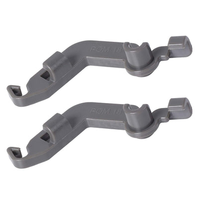 Two grey dishwasher tine pivot clips for Whirlpool, Kenmore, and KitchenAid dishwashers.