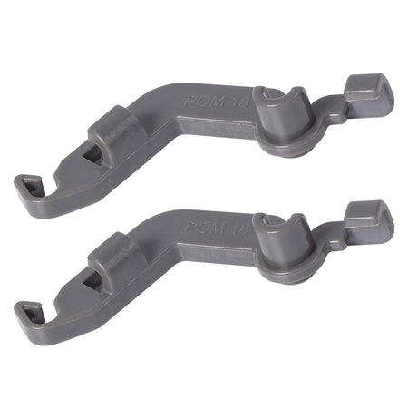 Two grey dishwasher tine pivot clips for Whirlpool, Kenmore, and KitchenAid dishwashers.