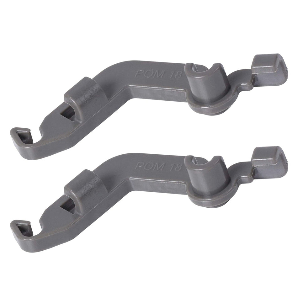 Two grey dishwasher tine pivot clips for Whirlpool, Kenmore, and KitchenAid dishwashers.