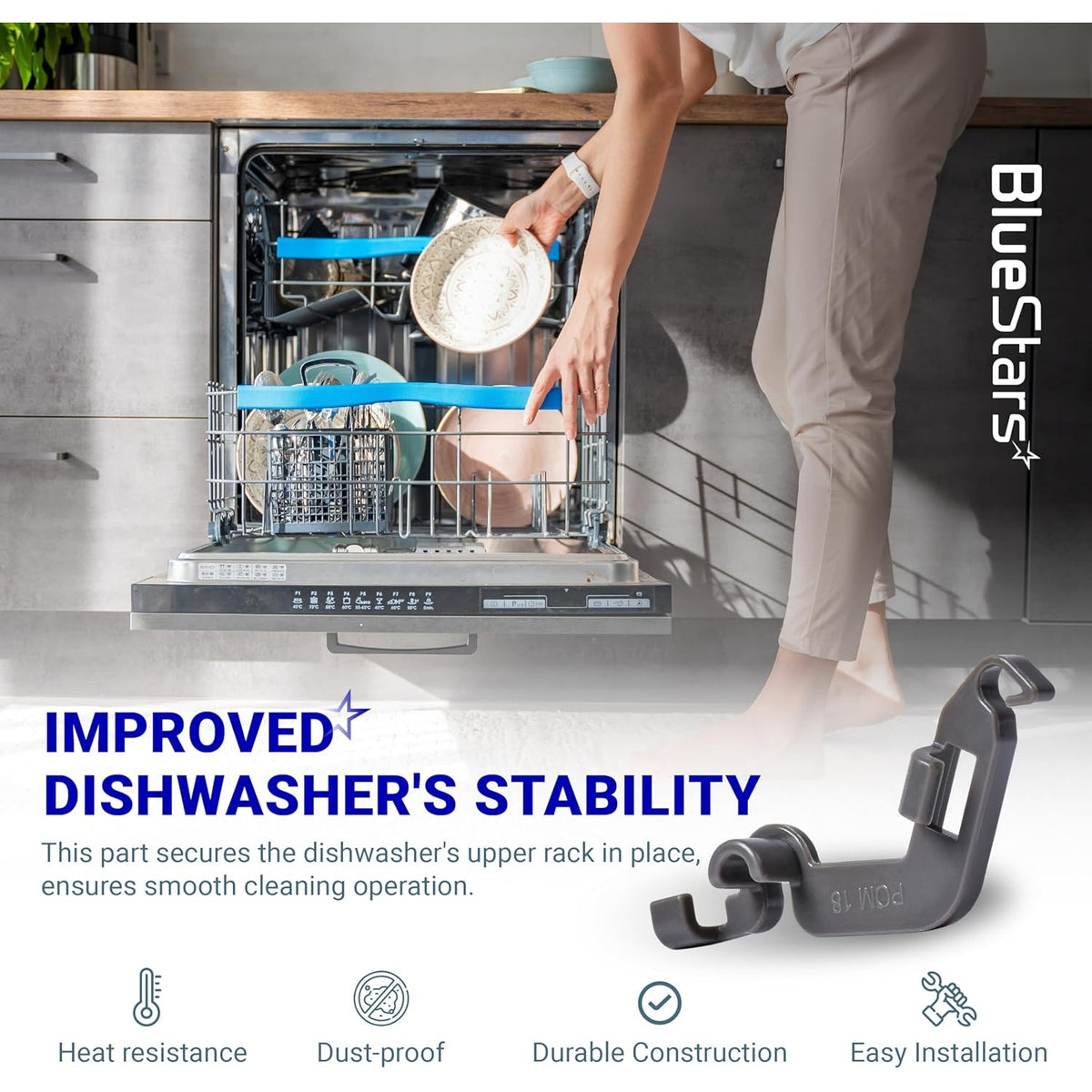 W10082853 dishwasher tine pivot clip shown in a lifestyle graphic demonstrating improved rack stability.