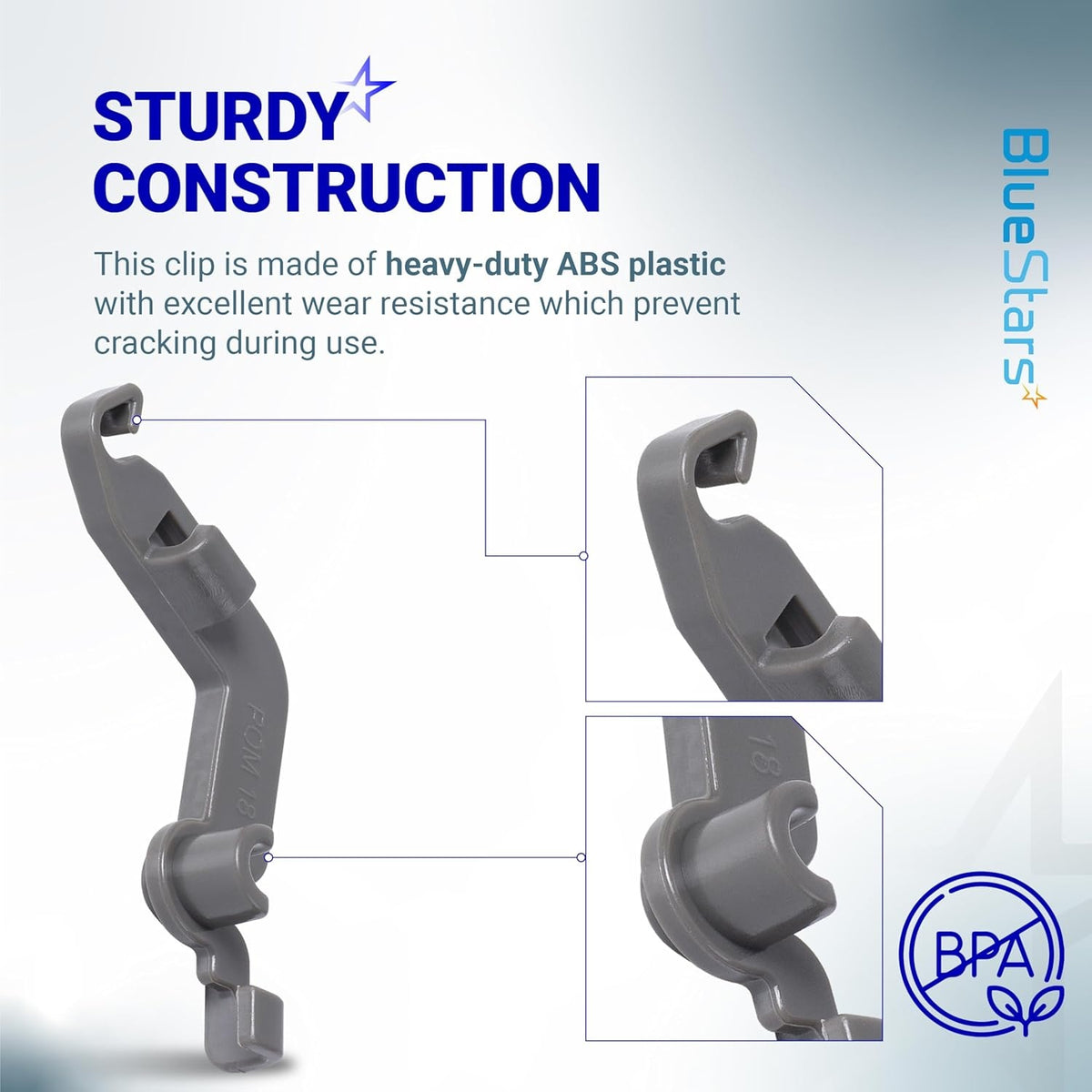Infographic showing W10082853 dishwasher tine pivot clip construction and close-up details of the heavy-duty plastic part.