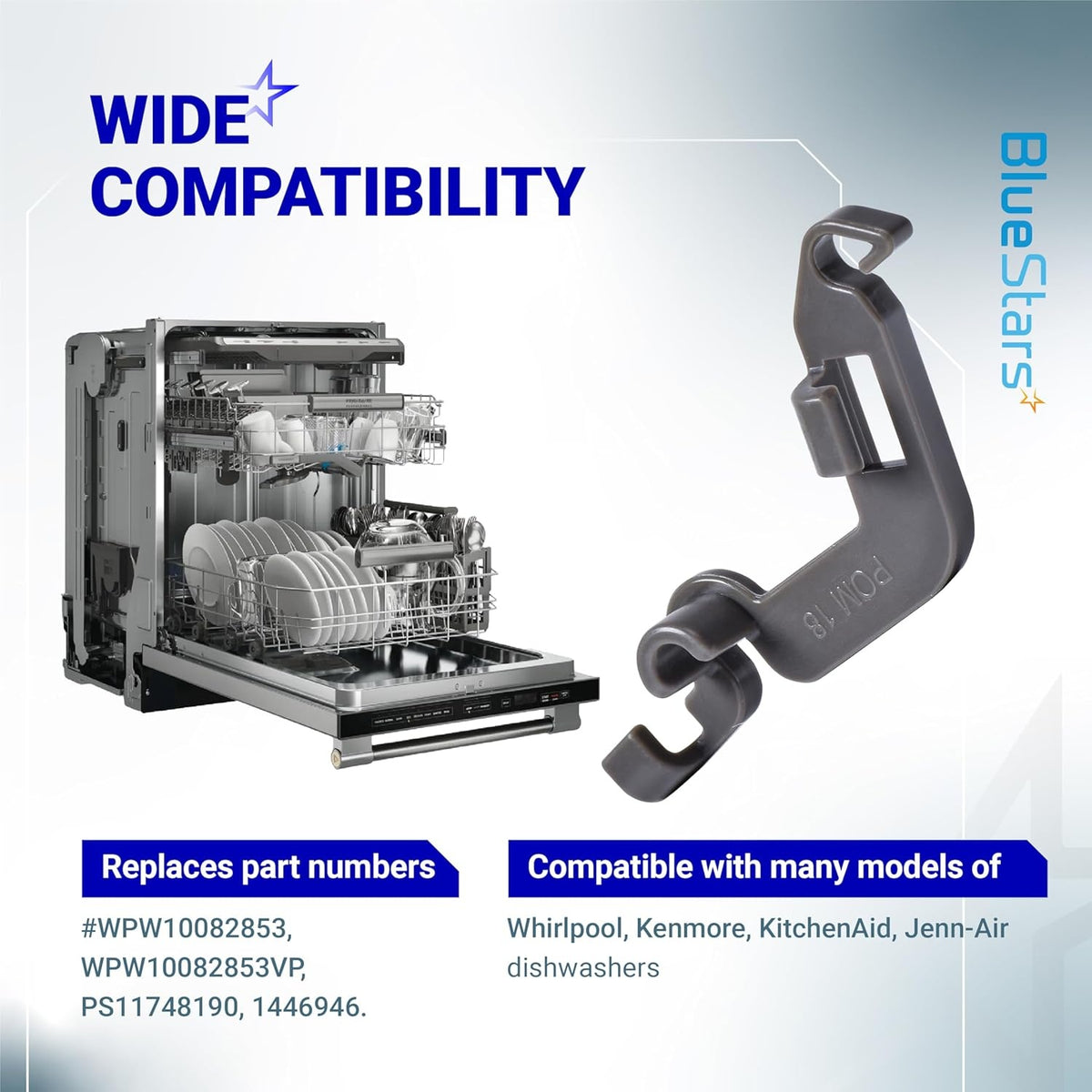 Close-up of W10082853 dishwasher tine pivot clip with compatibility information and dishwasher graphic.