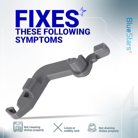 W10082853 dishwasher tine pivot clip replacement part shown with symptom fix infographic.