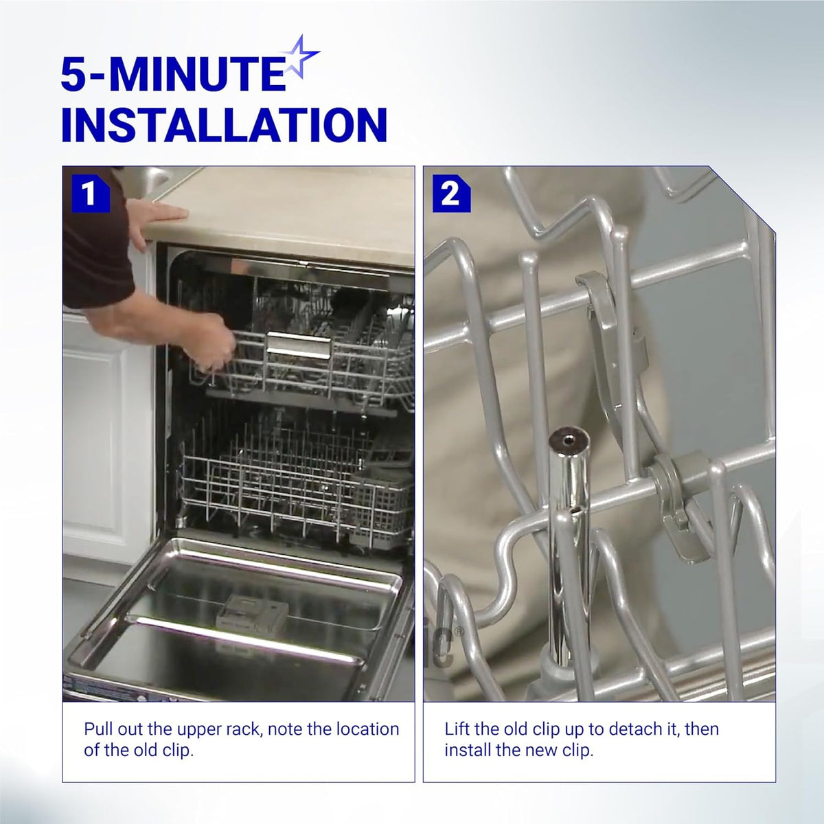 Installation guide showing how to replace a W10082853 dishwasher tine pivot clip on an upper rack.