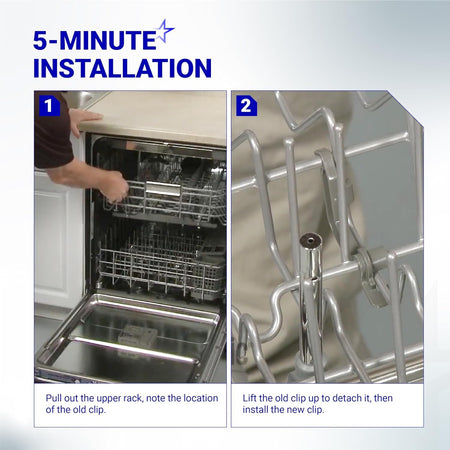Installation guide showing how to replace a W10082853 dishwasher tine pivot clip on an upper rack.