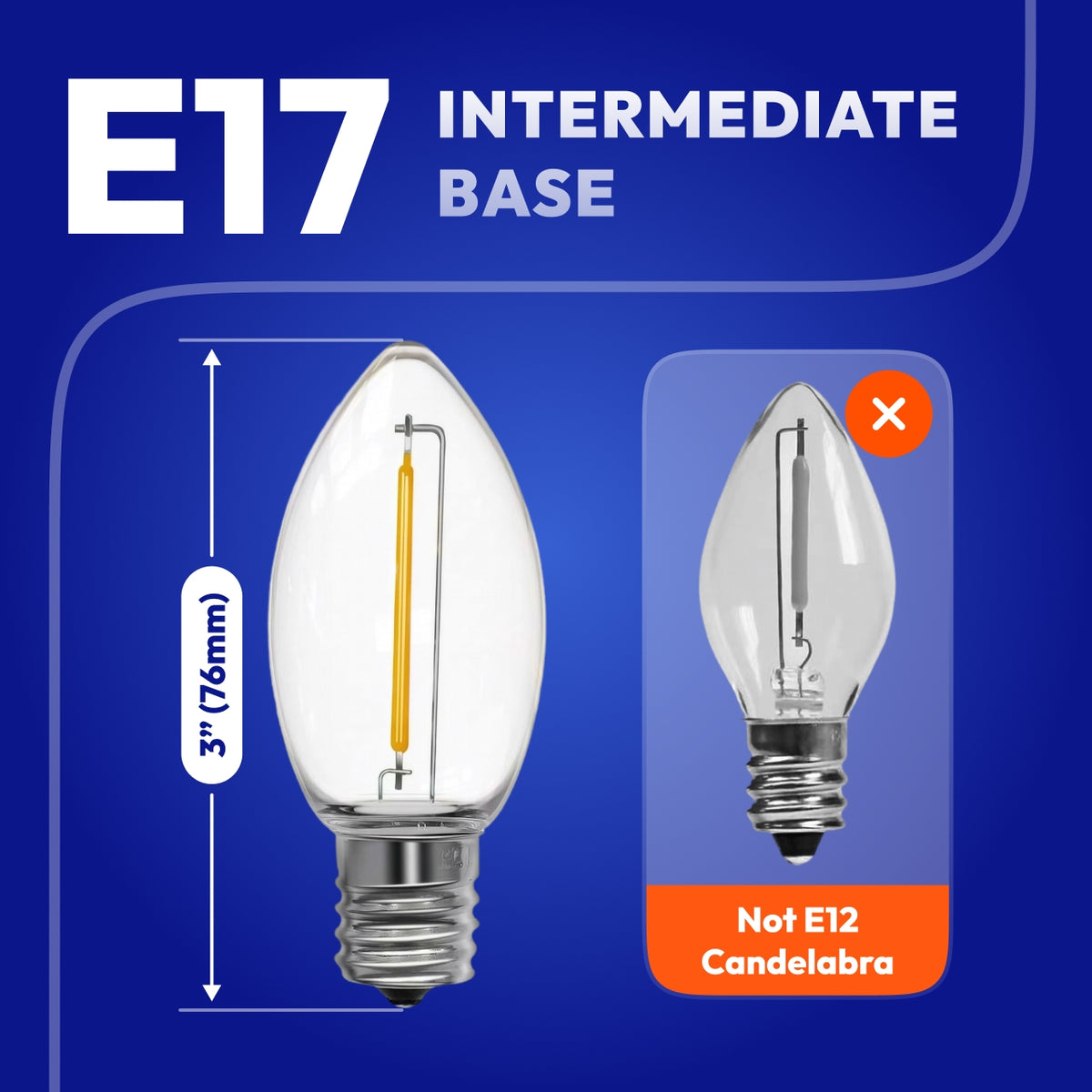 C9 LED bulb dimensions 3 inches tall with E17 intermediate base compared to E12 candelabra