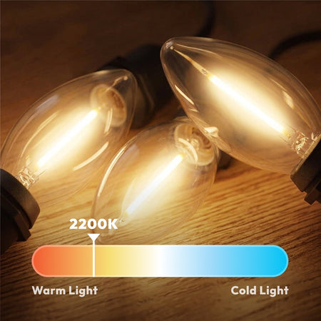 2200K ultra warm white C9 LED bulbs vintage exposed filament glowing in dark background