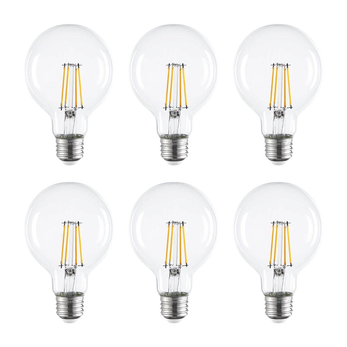 6-pack G25 LED clear filament vanity light bulbs 60W equivalent 2700K with BlueStars box