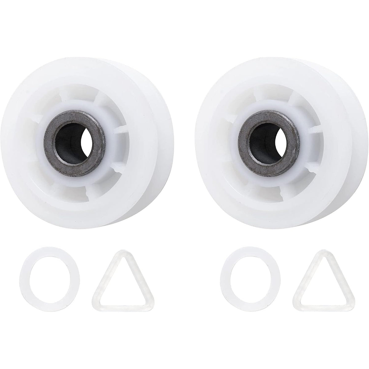 279640 Dryer Idler Pulley Replacement, two white pulleys with metal bushings and four white washers