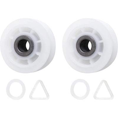 279640 Dryer Idler Pulley Replacement, two white pulleys with metal bushings and four white washers