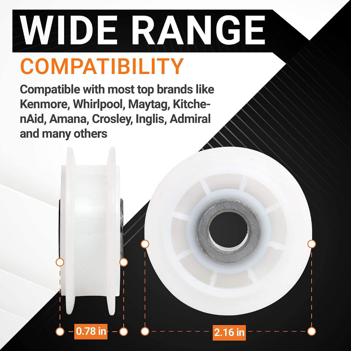 279640 Dryer Idler Pulley, side and front views with 0.78 in and 2.16 in dimensions and wide-range compatibility text.