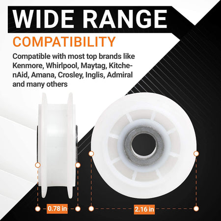 279640 Dryer Idler Pulley, side and front views with 0.78 in and 2.16 in dimensions and wide-range compatibility text.