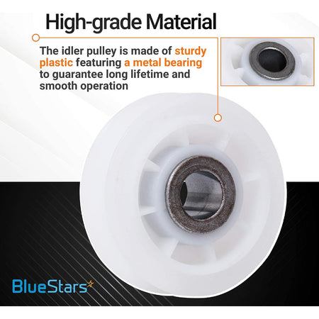 279640 Dryer Idler Pulley, close-up showing white plastic construction and metal bearing with a material callout