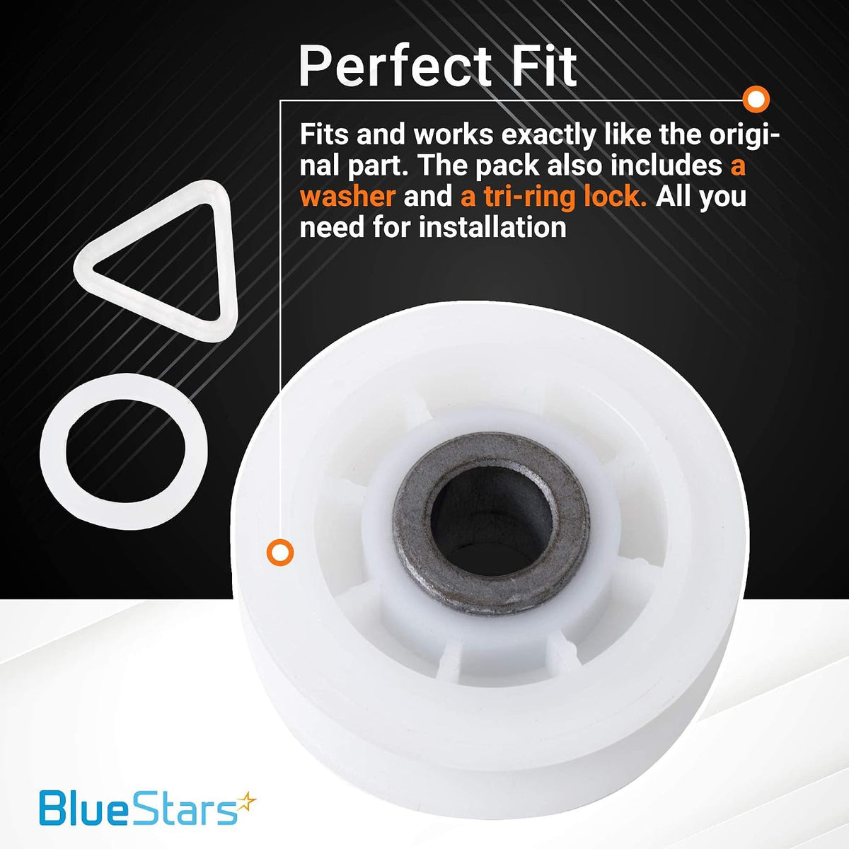 279640 Dryer Idler Pulley Replacement, close-up showing the pulley with included washer and tri-ring lock.