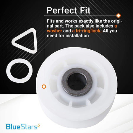 279640 Dryer Idler Pulley Replacement, close-up showing the pulley with included washer and tri-ring lock.