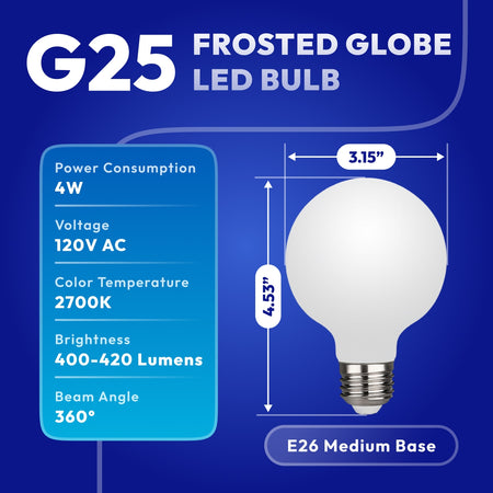 G25 LED globe bulb dimensions 3.15 inches wide showing standard E26 medium base size