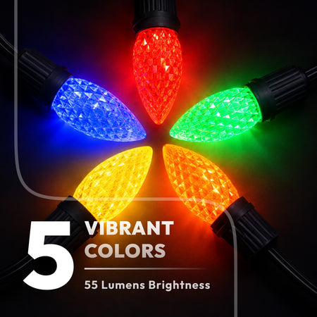 5 vibrant colors C9 LED Christmas string light bulbs glowing with brilliant halos