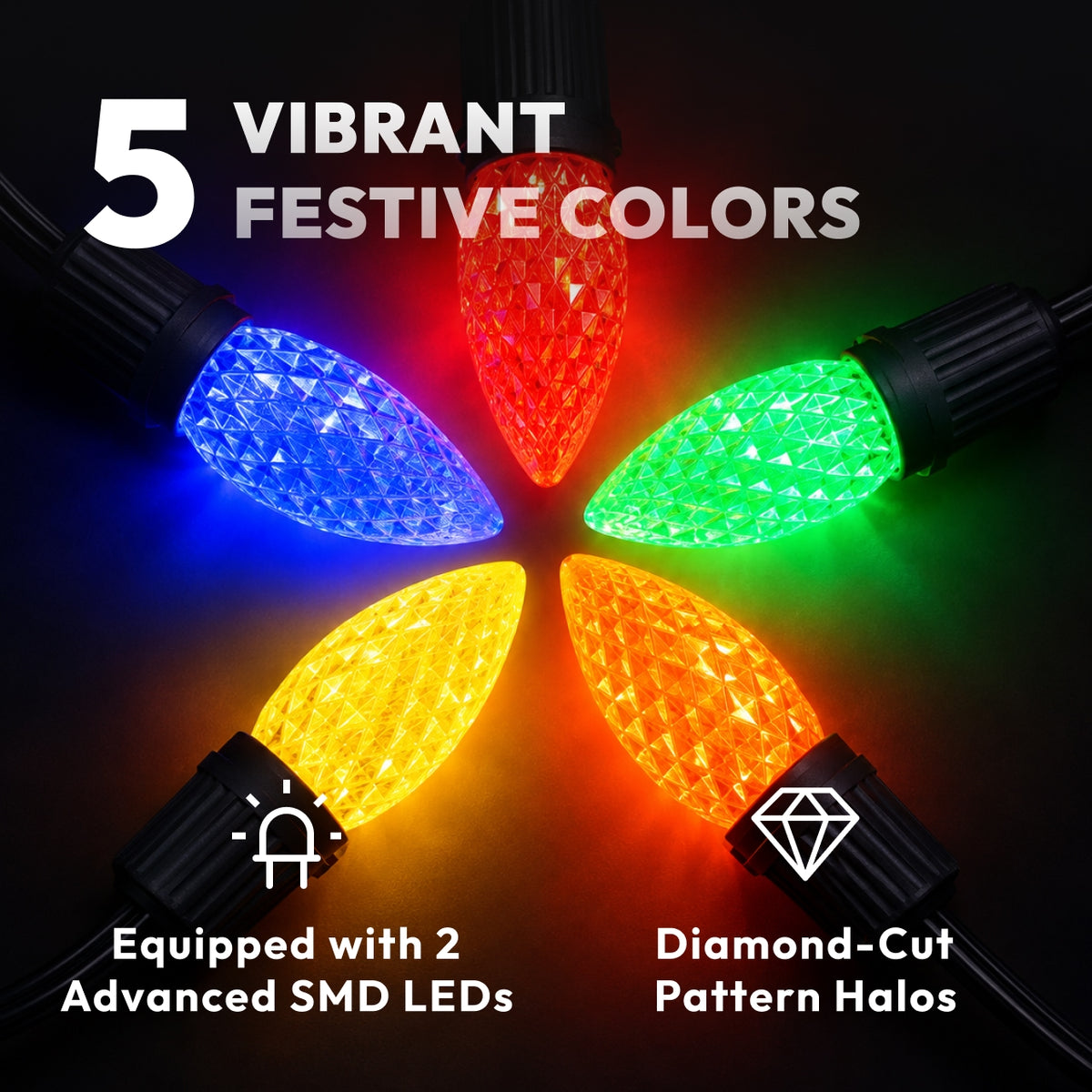 5 vibrant colors C7 LED faceted bulbs equipped with 2 SMD LEDs showing diamond-cut halos