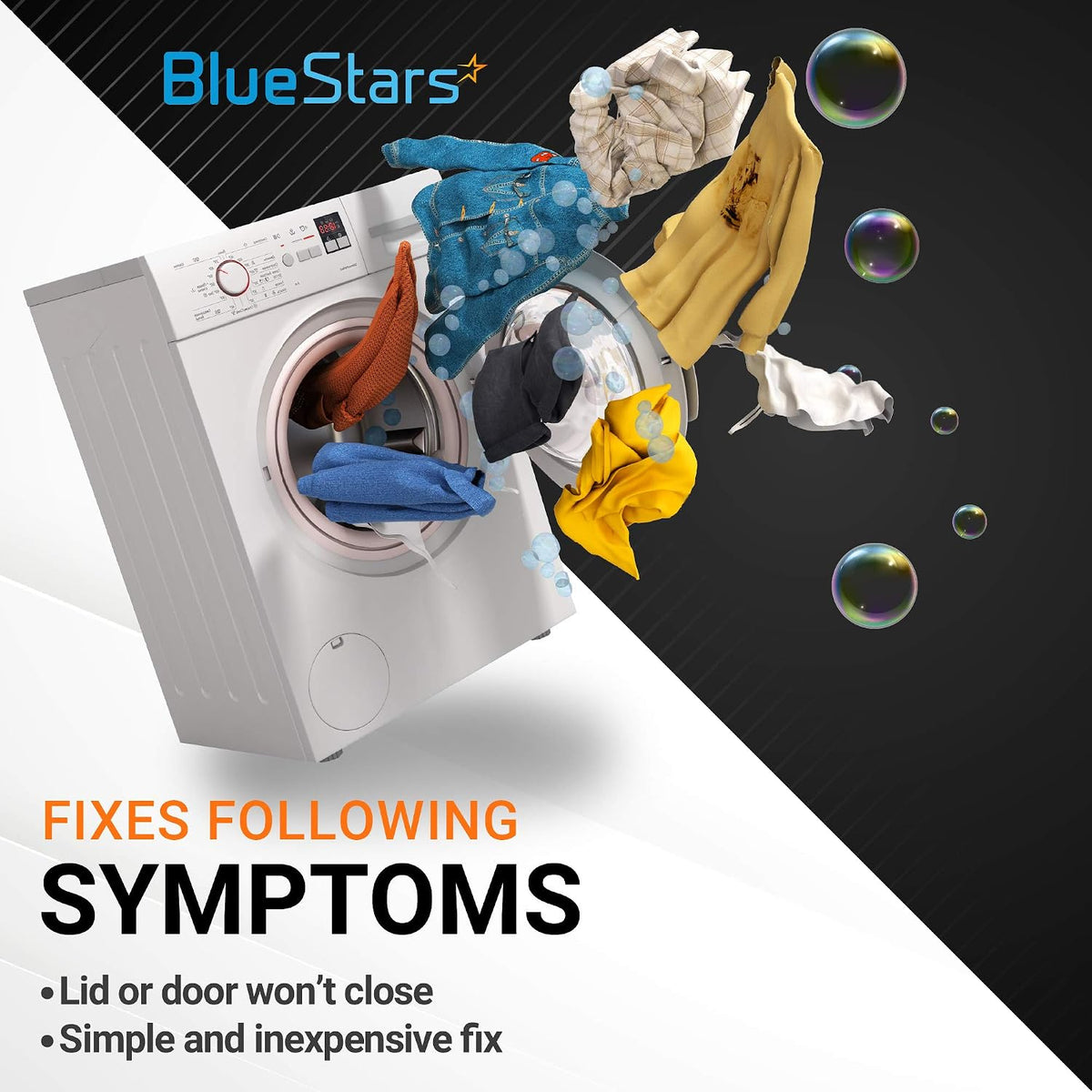 AGM73610701 Washer Magnetic Door Plunger Replacement, symptom graphic showing a washer, laundry, and lid or door won’t close.