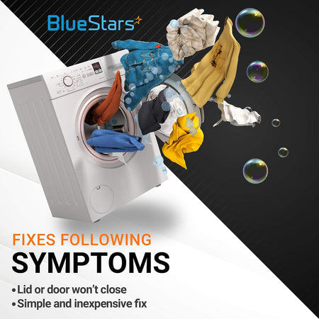 AGM73610701 Washer Magnetic Door Plunger Replacement, symptom graphic showing a washer, laundry, and lid or door won’t close.