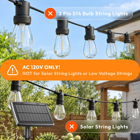 S14 LED bulb warning for AC 120V use only non-dimmable and not compatible with solar string lights