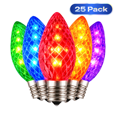 C9 LED Christmas Decor Light Bulb 25-Pack, Multicolor Faceted E17 Shatterproof Bulbs for Holiday Seasonal Decor & Outdoor Roofline